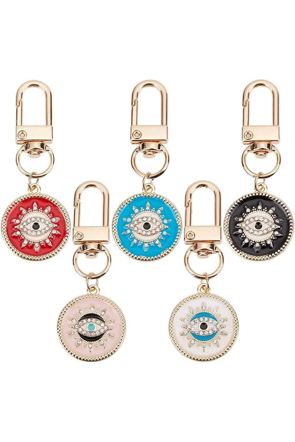 5Pcs Keychain Round Alloy & Enamel Pendants Charms