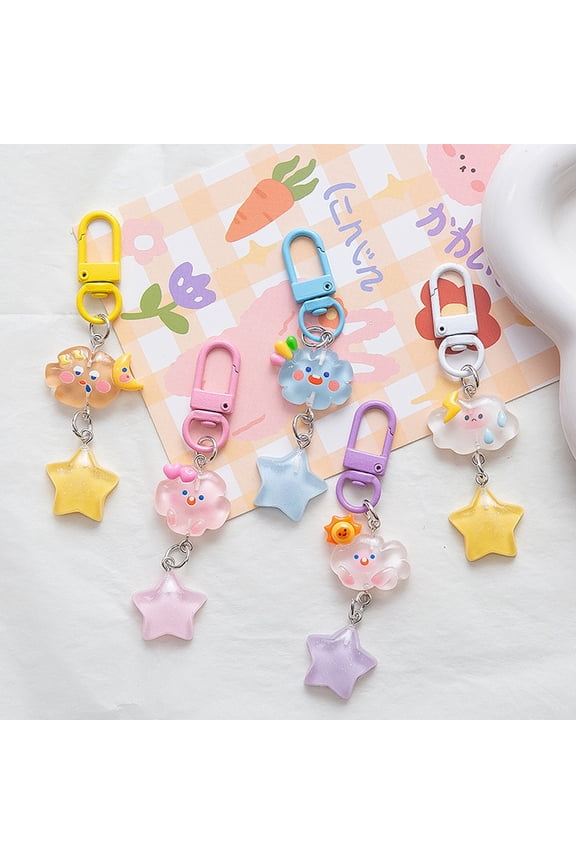 5Pcs Keychain Soft Expression Cloud Glitter Star Charm Key Chain Pendant with Alloy Buckle Schoolbag Decoration