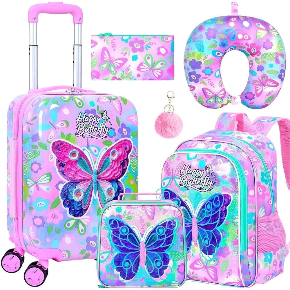 5Pcs Kids Luggage Set for Girls, 16" Butterfly Hardside Spinner ...