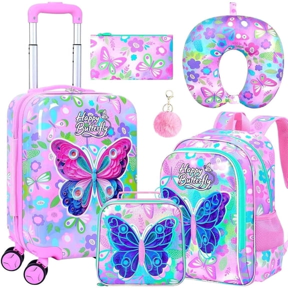 5Pcs Kids Luggage Set for Girls, 16" Butterfly Hardside Spinner Suitcase with Wheels, Airline Approved Carry-On Rolling Travel Case for Toddlers (Pink)