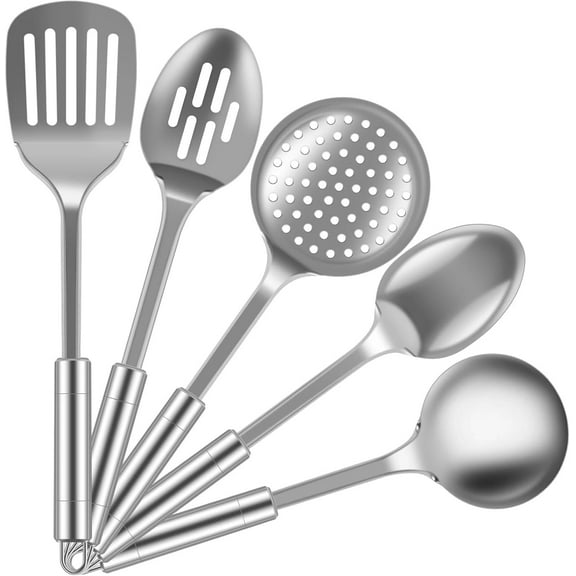 5Pcs Kitchen Cooking Utensils Set,Heat Resistant Non-Stick Spoons Spatula with Hanging Hole Ergonomic Handle Cooking Tools Heat Resistant Kitchen Essentials & Metal Kitchen Gadgets Silver