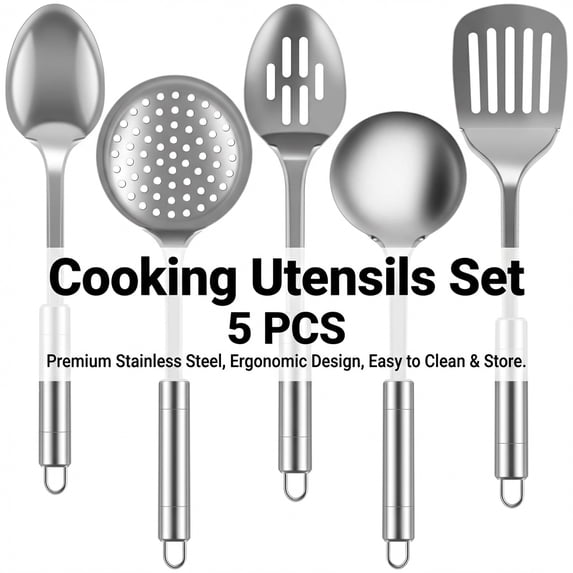 Xiyztok 5Pcs Kitchen Cooking Utensils Set Stainless Steel Large Spoons and Spatula Set with Ergonomic Handle