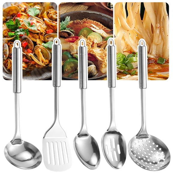 5Pcs Kitchen Utensils Set Heat Resistant Non-Stick Stainless Steel Spoons Spatula with Hanging Hole Handle Cooking Tools