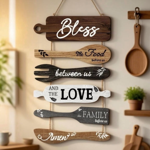 5Pcs Kitchen Wall Decor, Bless the Food Cookware Shaped Hanging Signs for Farmhouse Kitchen Rustic Wooden Plaques for Country Dinning Room
