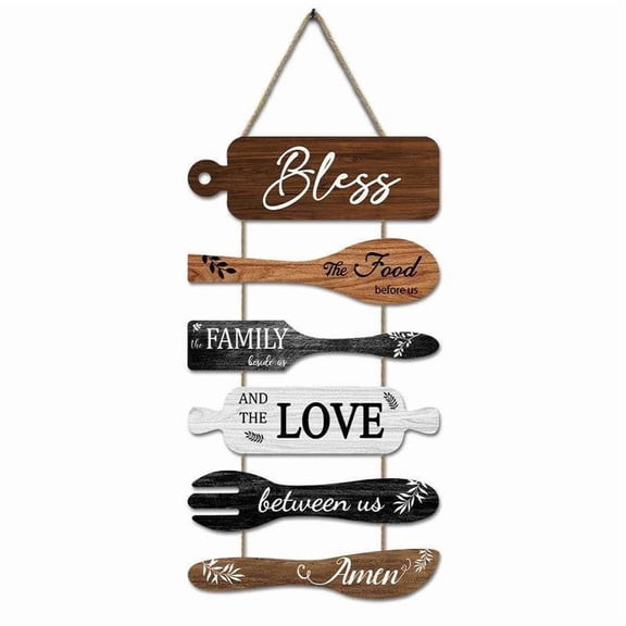 5Pcs Kitchen Wall Decor, Bless the Food Cookware Shaped Hanging Signs for Farmhouse Kitchen Rustic Wooden Plaques for Country Dinning Room