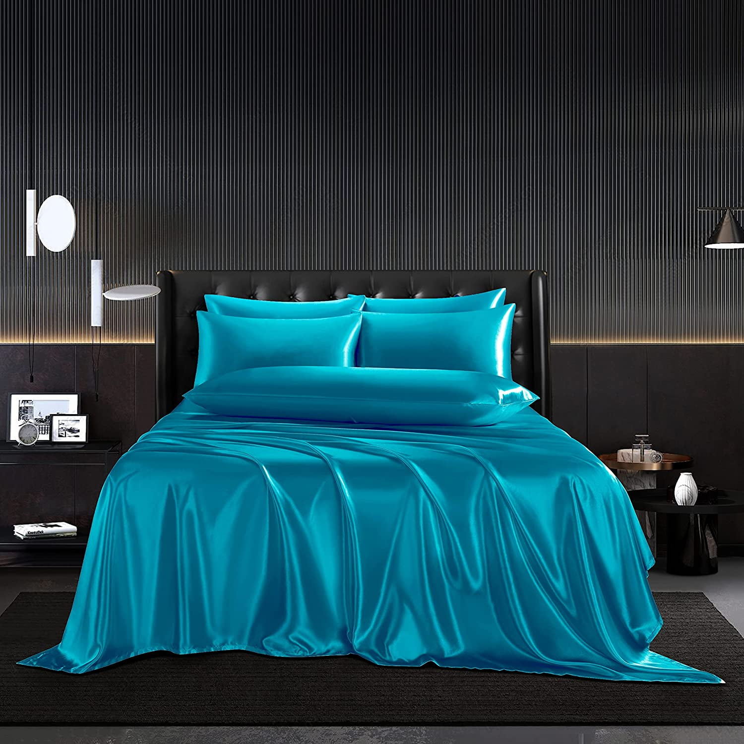 5Pcs Lake Blue Silky Satin Sheets Queen Satin Sheets Set Queen Size ...