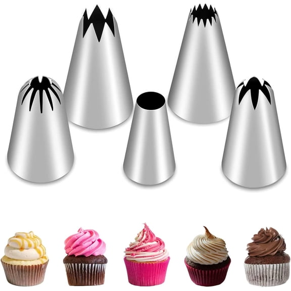 5Pcs Large Piping Tips Set, Stainless Steel Frosting Tips, Cake Decorating Tips for Cupcakes Cakes Cookies Decorating