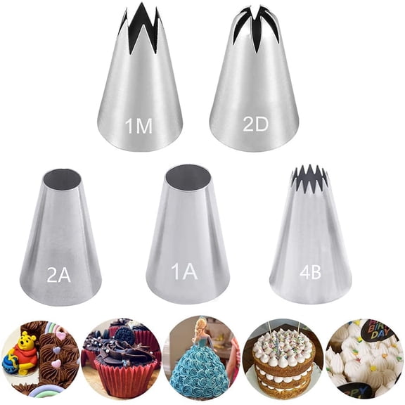 5Pcs Large Stainless Steel Piping Tips Set #1A #1M #2A #2D #4B For Cake Cupcake Cookie Decorating