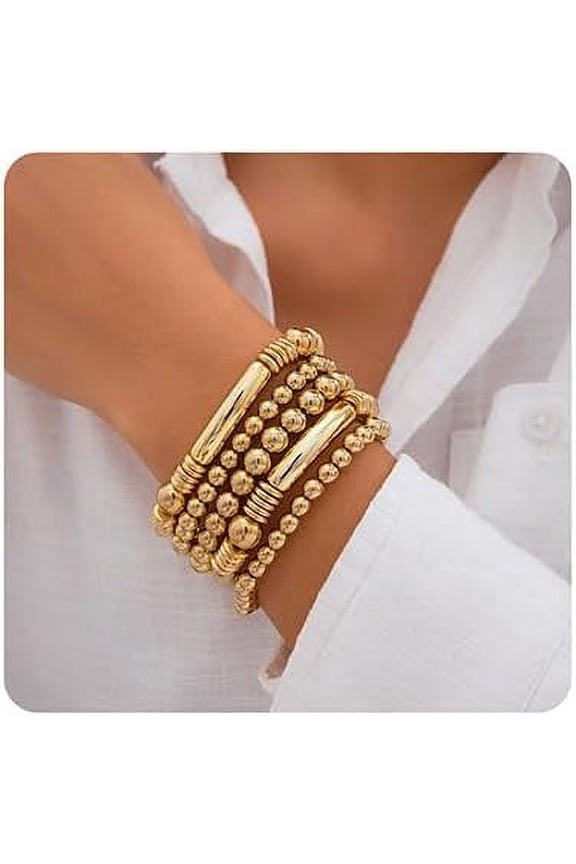5Pcs Layered Beaded Bracelets Set For Women Dainty Stretch Elastic Round Ball Beads Chain Tube Bangle Bracelets Boho Stackable Bracelets Trendy Jewelry For Girls[z2924]