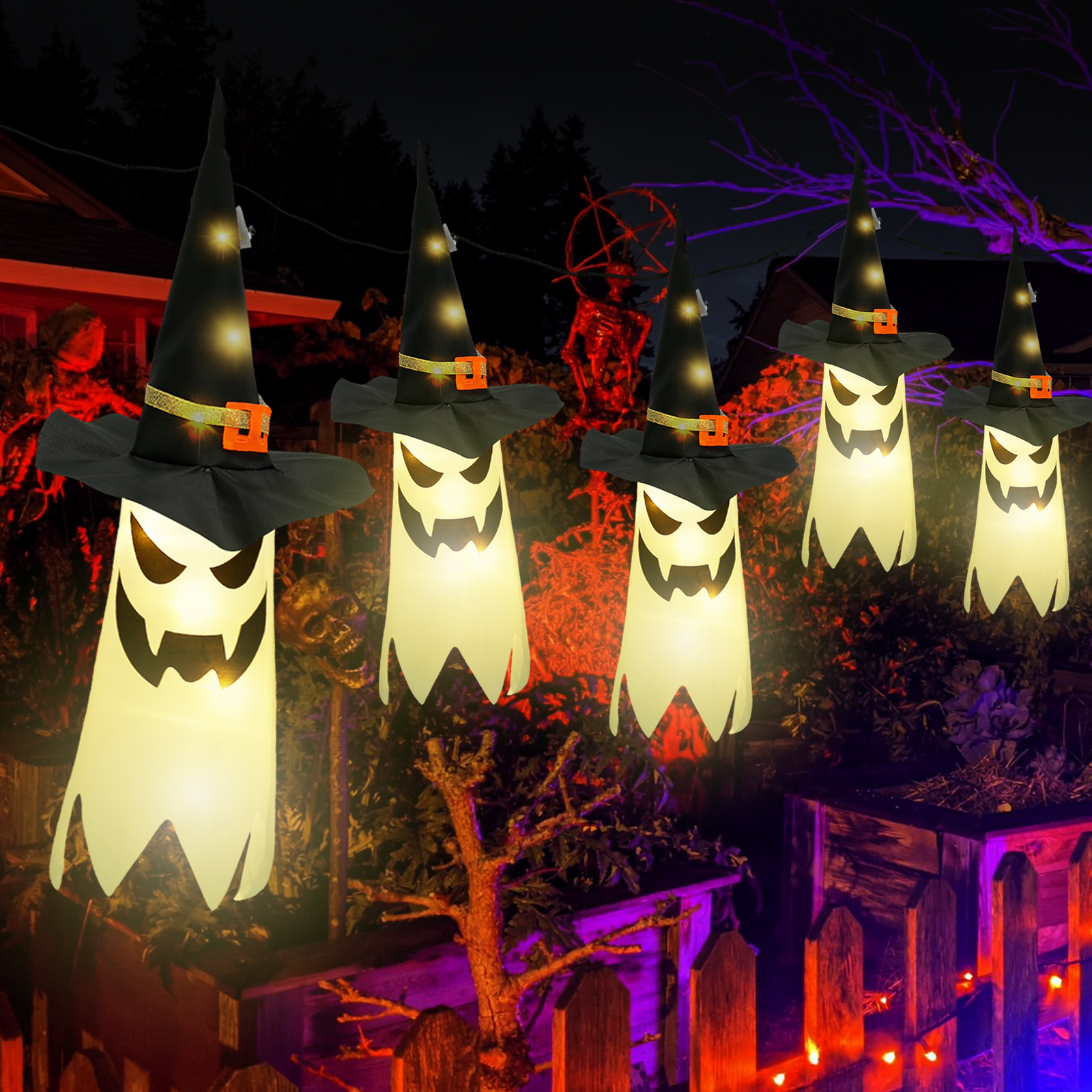 5Pcs Light Up Witches Hat with 16.4ft String 3 Lighting Modes Scary