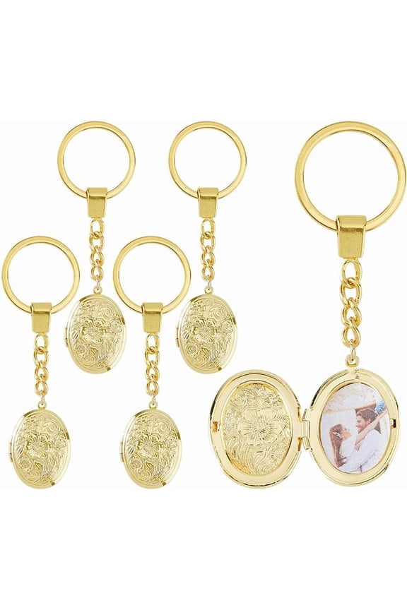 5Pcs Locket Keychains Brass Memory Photo Locket Keychain Oval Flower Locket Keychains for Bag Hat Key for diy