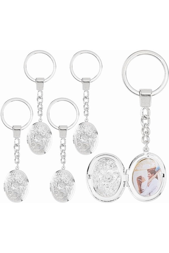 5Pcs Locket Keychains Brass Memory Photo Locket Keychain Oval Flower Locket Keychains for Bag Hat Key