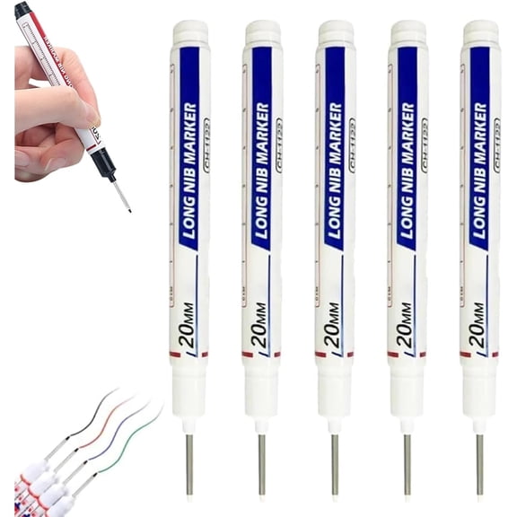 5Pcs Long Head Deep Hole Marker Pens, Upgrade 20mm Quick-dry Waterproof Long Nib Permanent Markers, Construction Marking Tool, Carpenter Ink Marker Pens Metal Marking Pen