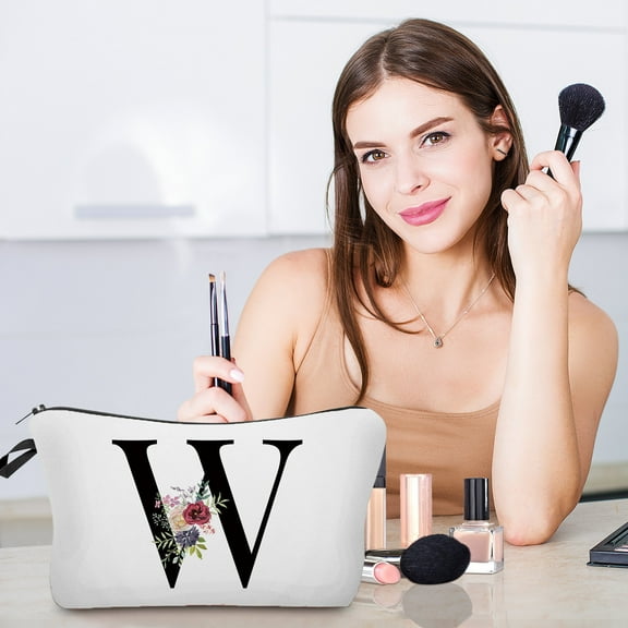 5Pcs Makeup Bag! Vacemry Keep your cosmetics organized in style with this charming floral-print makeup bag, featuring a personalized letter design, making it a thoughtful and practical gift for any
