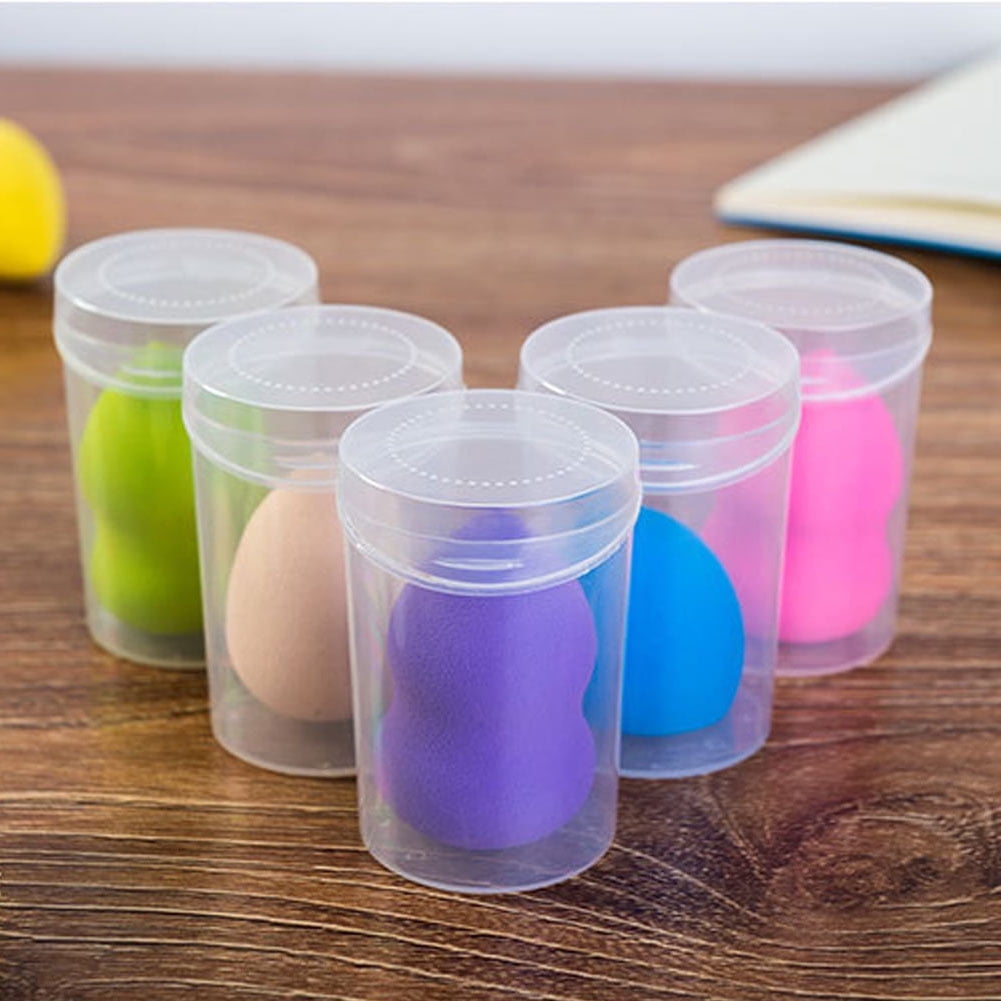 5Pcs Makeup Sponge Beauty Sponges Holder Travel Case ,Round Plastic Box