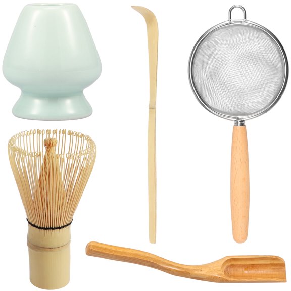 5Pcs Matcha Whisk Set Matcha Tea Set Reusable Japanese Whisk Set Ceramic Whisk Holder Handmade Wood Matcha Whisk Tea Scoop Matcha Scoop Stainless Steel Tea Strainer for Tea Lovers