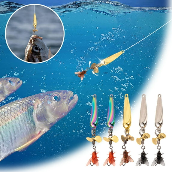 5Pcs Metal Propeller Fishing Lures Fly Spinning Bait with 3D Eyes and Free Swivel Metal Sequin Soft Bait for Bass Trout All Kinds of Fish High Catch Rate Fishing Tackle