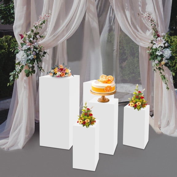 5Pcs Metal Square White Pedestal Stands, 5 Pack Flower Display Rack Dessert Table Cube Party Decoration Pillars for Wedding Ceremony Birthday Art Show 18''+20''+24''+30''+35''