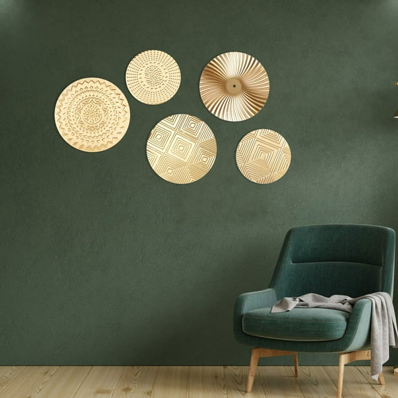 5Pcs Metal Wall Art Hanging Artwork Decor Gold Minimalist Wall Art Decoration Vintage Disc Decals for Living Room Office
