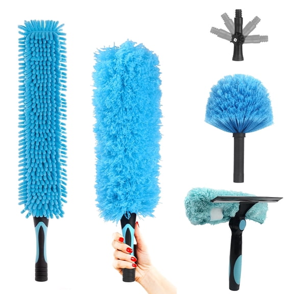 Gamexcel 5-Piece Ceiling Fan Duster Kit, Washable Microfiber Cobweb Brush and Window Squeegee Set, Blue