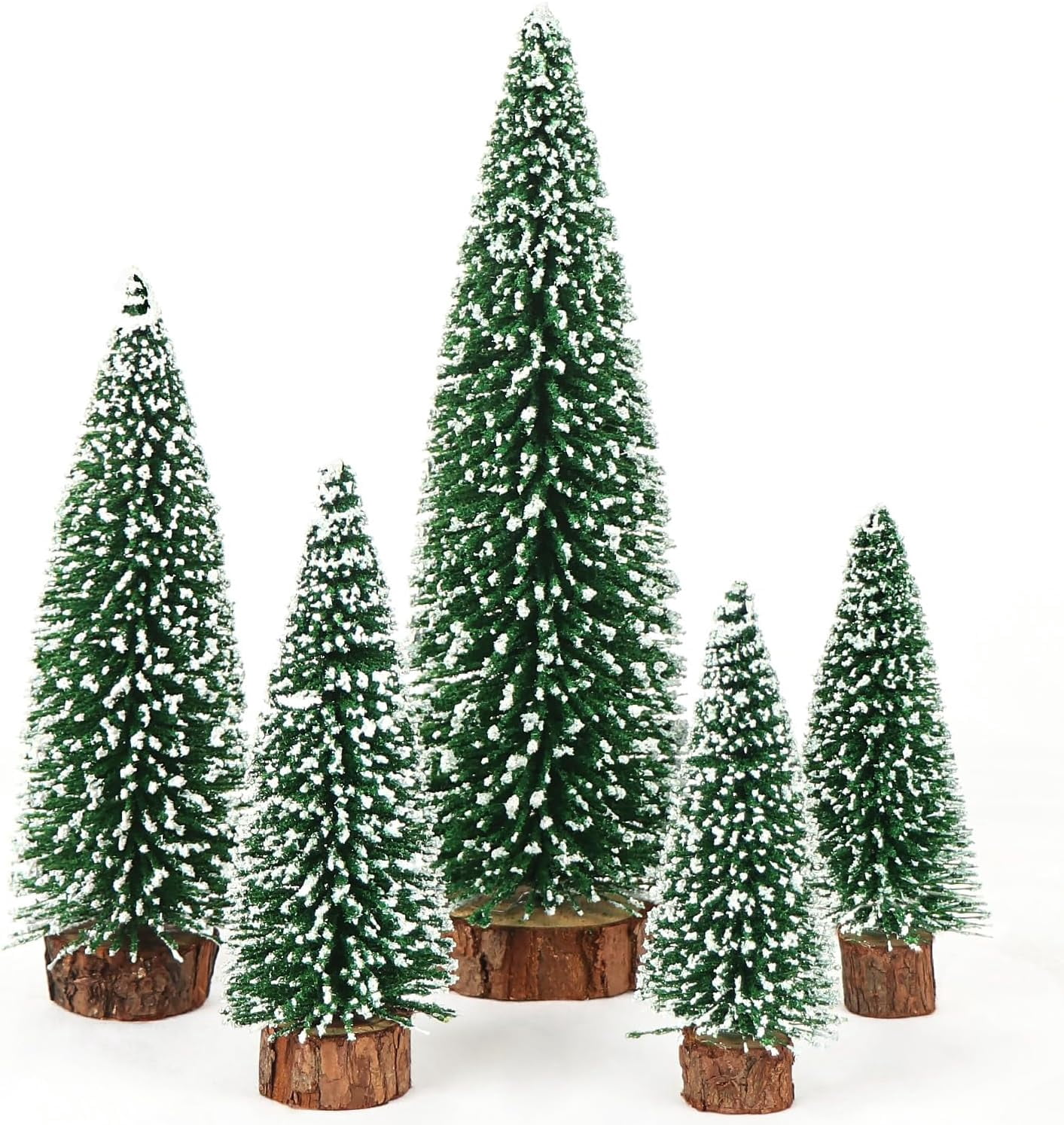 5Pcs Mini Christmas Trees Flocked Bottle Brush Christmas Trees with Wooden Bases, Small Christmas Trees for Tabletop Christmas Decor Winter Holiday Table Decorations Christmas Village Crafts