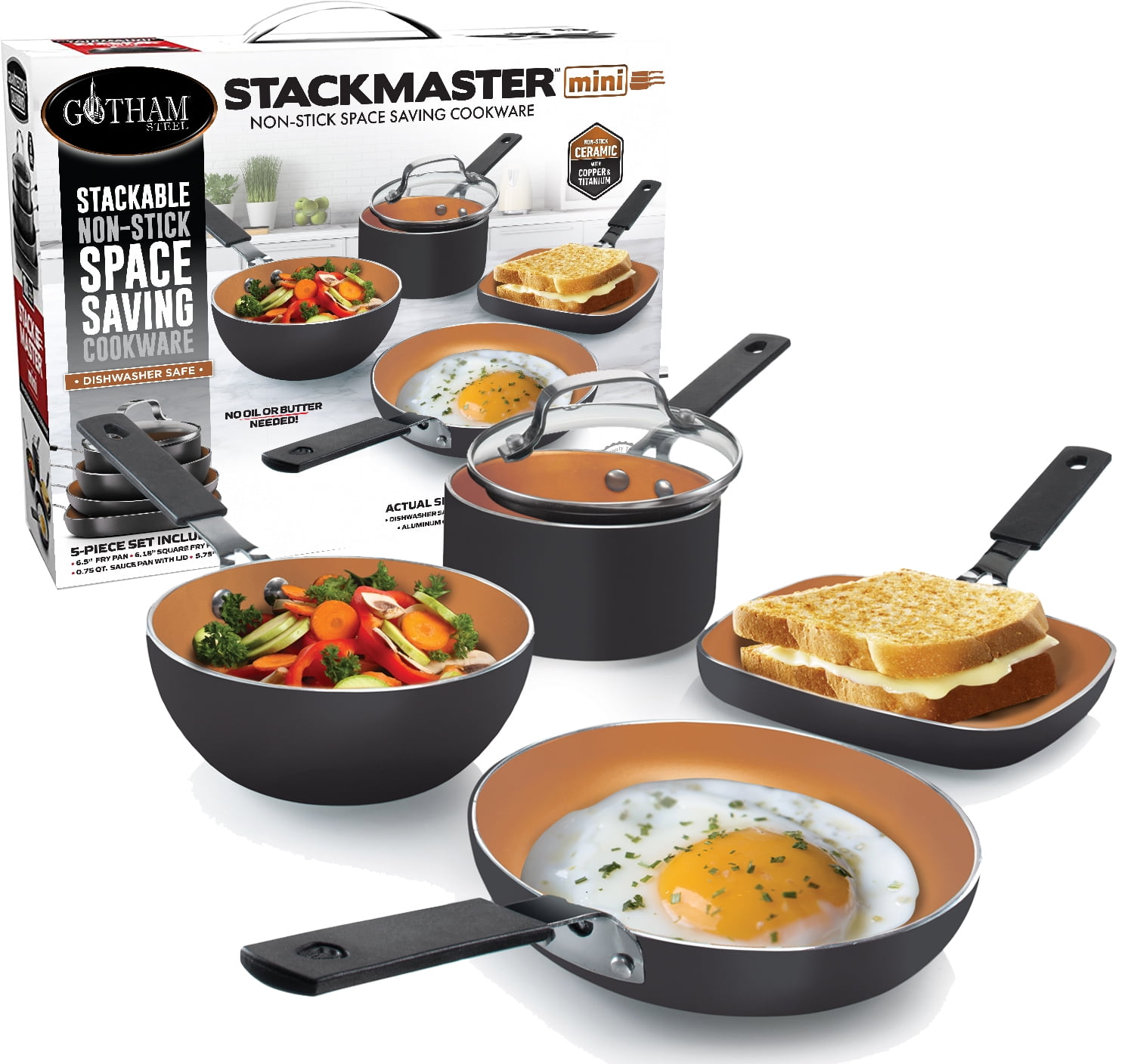 Gotham Steel Stackable Pots and Pans Set – Stackmaster 5 Piece Cookware Set  with Ultra Nonstick Cast Texture Ceramic Coating, Saves 30% Space, Sauce