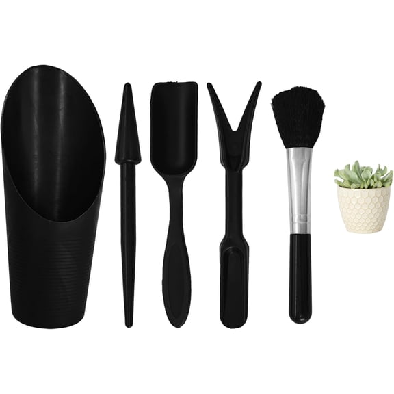 5Pcs Mini Succulent Tools Set, Plastic Garden Hand Tools Kit for Indoor Plant Care, Succulent Bonsai Miniature Garden Tool Set,Small Gardening Tools for Transplanting Digging Planting, Black