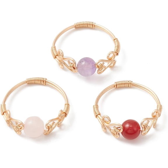 5Pcs Mixed Gemstone Finger Rings Brass Wire Wrap Jewelry Rings Gemstone Rings for Women ID: 19mm Gold