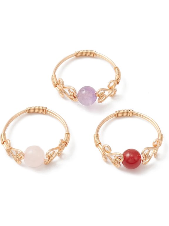 5Pcs Mixed Gemstone Finger Rings Brass Wire Wrap Jewelry Rings Gemstone Rings for Women ID: 19mm