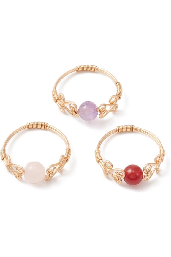 5Pcs Mixed Gemstone Finger Rings Brass Wire Wrap Jewelry Rings Gemstone Rings