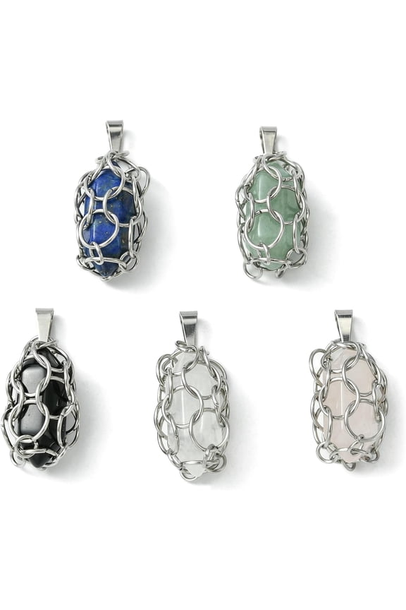 5Pcs Mixed Stone Double Terminal Pointed Pendants Faceted Charms with Ring Macrame Pouch Stainless Steel Color 24~25x11~12x10~11mm Hole: 6x2.5mm