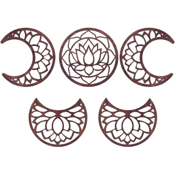 5Pcs Moon Phase Wall Decor Wood Moon Phase Wall Art Decor for Living Room Lotus Moon Phase Wall Hanging Bedroom Decor Home Wall Hanging Decor with Lotus Pattern Brownish Red