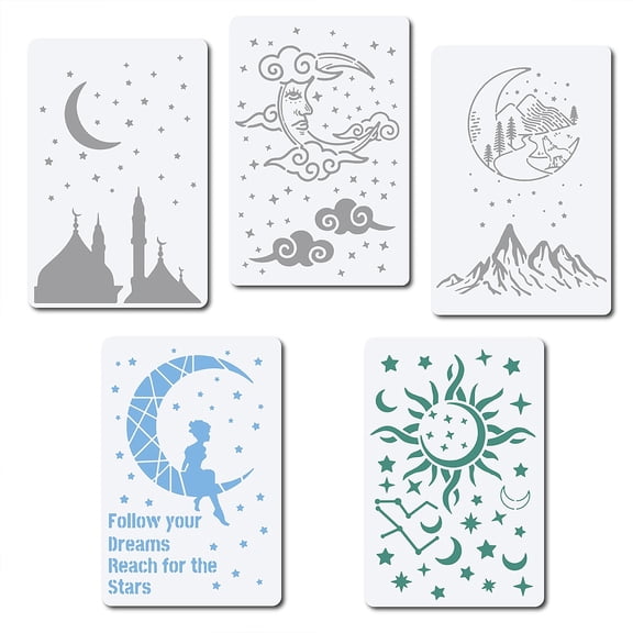 5Pcs Moon Stencils Reusable Night Sky Drawing Template for Painting on Wood Wall Floor Canvas Scrapbook Card 12x8 InchDIY