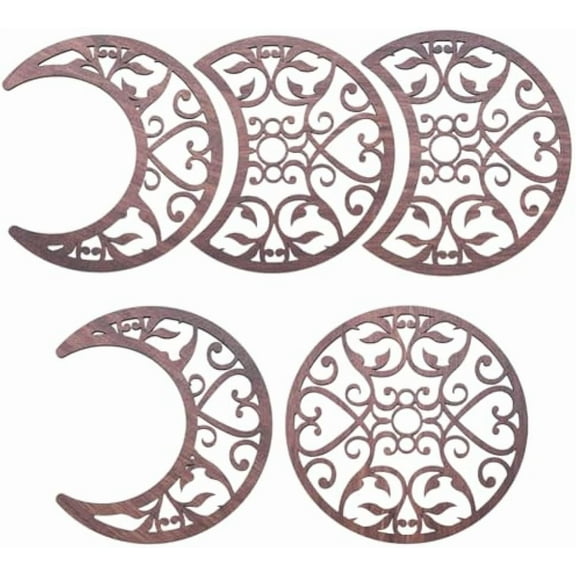 5Pcs Moon Wall Decoration Wooden Moon Phase Wall Art Decoration Hanging Set Lunar Hollowing Out Flower Wooden Ornament Wall Sign with Stickers