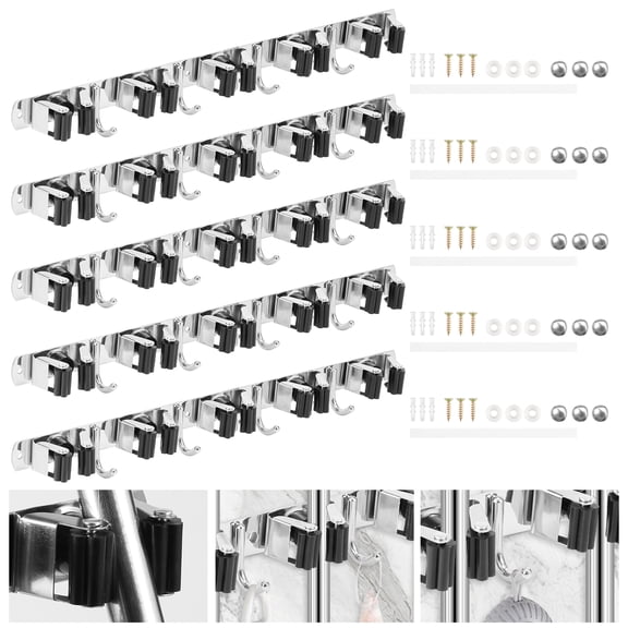 5Pcs Mop Broom Holder 304 Stainless Steel Broom and Mop Hanger with 5 Rack and 4 Hook Wall Mounted Mop Broom Rack Organizer Adhesive/Screw Mounting Mop and Broom Gripper for Bathroom