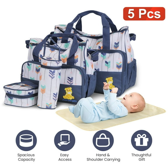 5Pcs Mummy Diaper Tote Bag Baby Nappy Bag with Diaper Pad Food Bag Bottle Bag Travel Tote Bags for Mom Dad Dark Blue