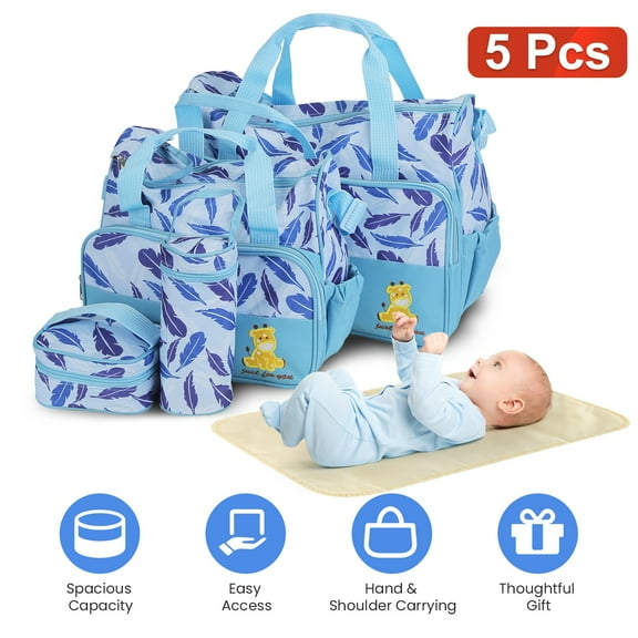 5Pcs Mummy Diaper Tote Bag Baby Nappy Bag with Diaper Pad Food Bag Bottle Bag Travel Tote Bags for Mom Dad Light Blue
