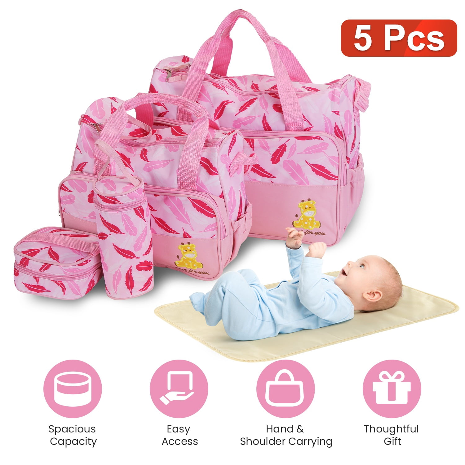 5Pcs Mummy Diaper Tote Bag Baby Nappy Bag with Diaper Pad Food Bag Bottle Bag Travel Tote Bags for Mom Dad Pink