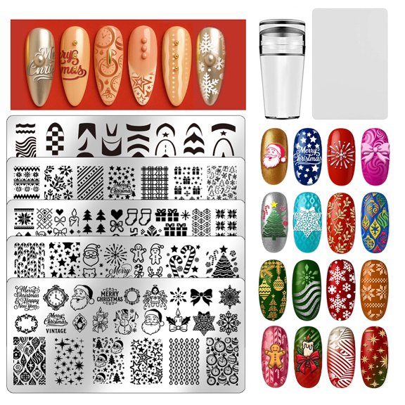 5Pcs Nails Stamp Plates Template Set Christmas Stamping Plate Christmas Textures Stamp Templates Image Nail Stencils Nail Art Plates DIY