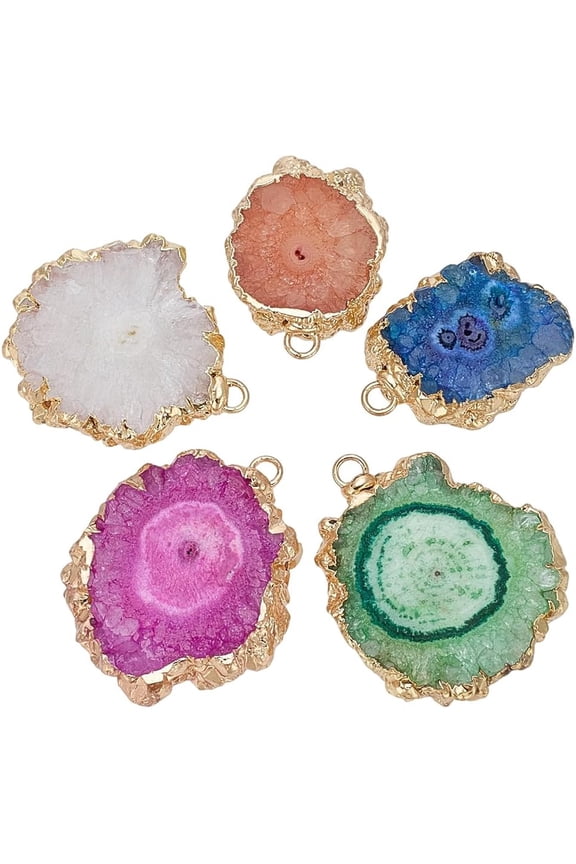 5Pcs Natural Agate Druzy Pendant with Brass 5 Colors Golden Tone Edge Plated Dyed Irregular Druzy Geode Agate Stone with 2mm Hole
