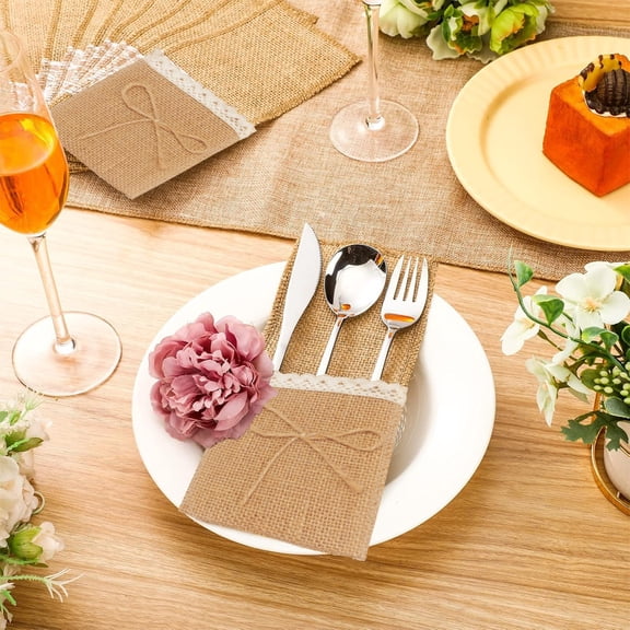 5Pcs Natural Burlap Cutlery Holder Pouch Bag, 4x8 inch Xmas Burlap Lace Utensil Holders, Fabrics Knifes Forks Bag for Country Wedding Decor Bridal Shower Party Table Setting Decorations