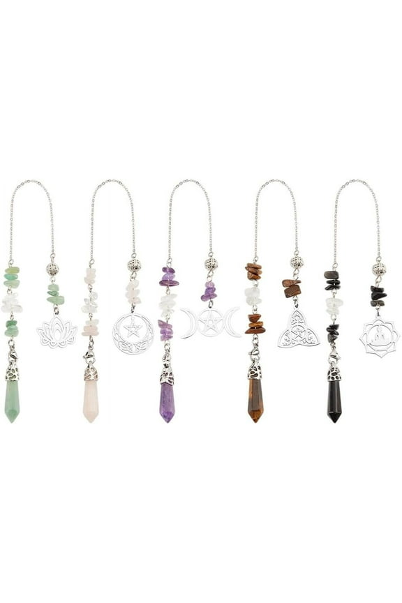 5Pcs Natural Gemstones Pendulum 5 Styles Crystal Dowsing Pendulum Reki Gemstone Chips Orgone Pendulum
