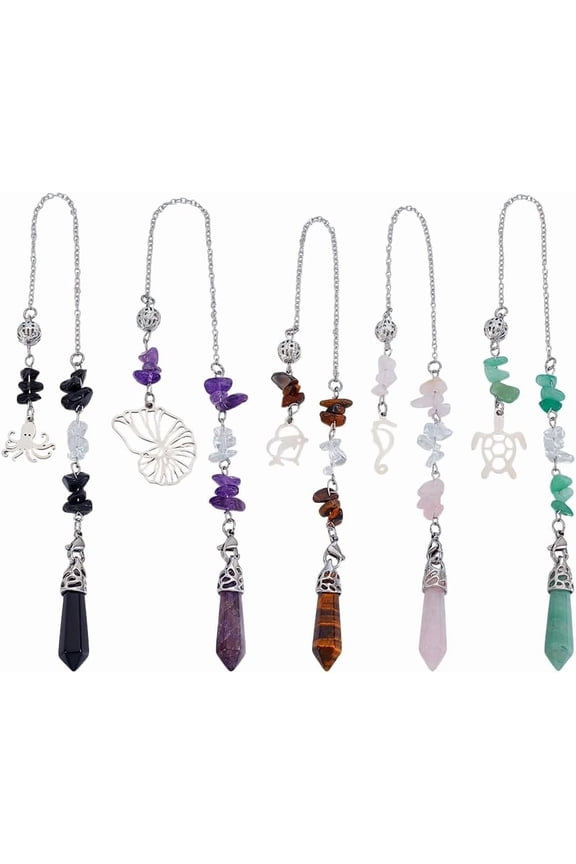 5Pcs Natural Gemstones Pendulum 5 Styles Dowsing Pendulum Reiki Gemstone Chips Faceted Pointed Spiritual Pendant for Women Man Divination Meditation Alloy