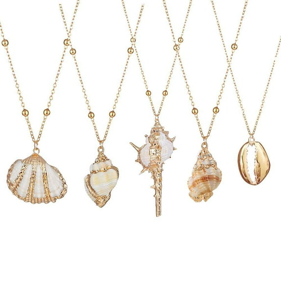 5Pcs Natural Scallop Conch Seashell Necklace Inlaid with Gold Rimmed Sea Shell Necklace Adjustable Seashell Jewelry Gifts for Women