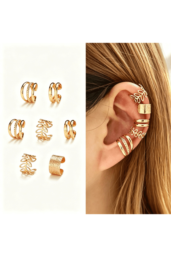 5Pcs Non-Pierced Ear Cuff Set, Gold/Silver/Rose Gold Plated Ear Clips, Multi-Style Huggie Cuffs for Women Men Birthday gifts Marriage anniversary gifts