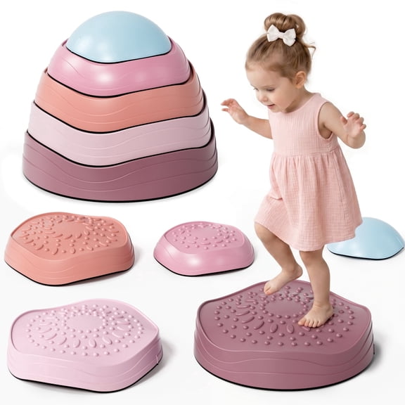 5Pcs Non-Slip Plastic Balance Stepping Stones for Kids, Up to 220 Ibs for Toys for Toddlers Ages 18 mouth 2 3 4 5+, Sensory Toys for Indoor & Outdoor Play - Pink