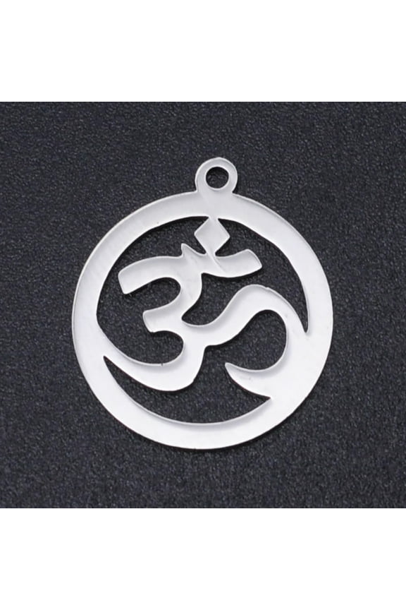 5Pcs OM Pendants 23x20x1mm 201 Stainless Steel Laser Cut Ornaments Flat Round With Aum/Ohm Charms with 2mm Hole Ideal for Jewelry Creation and Craft Endeavors