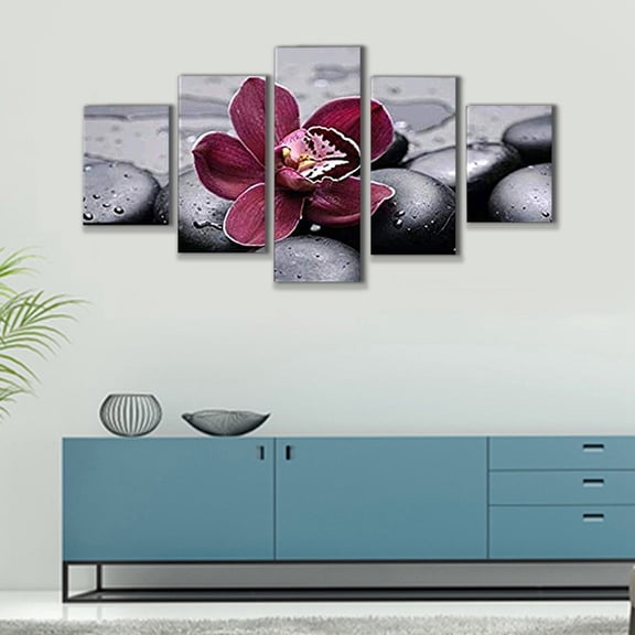 5Pcs Orchid & Zen Stone Canvas Wall Art, Unframed Modern Spa Floral Print Painting, Black Gray Red Flower Wall Decor for Living Room Bedroom Bathroom Home Decor
