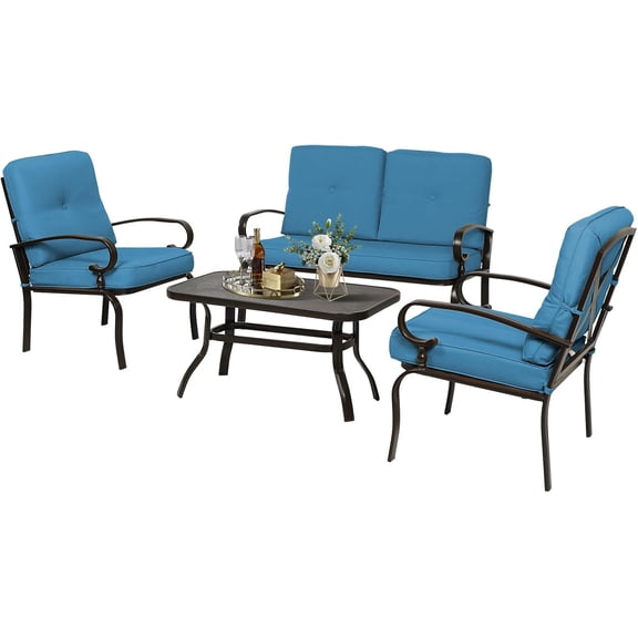 5Pcs Outdoor Furniture Patio Conversation Sets Loveseat, 2 Motion Spring Chairs with Coffee Table, Metal Frame Chair Set (Peacock Blue)
