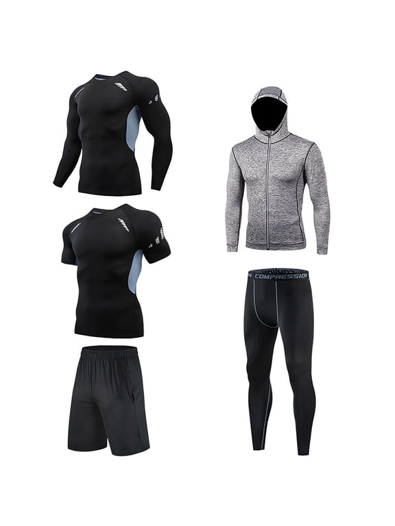 5Pcs Outfit Set for Men's Compression Pants Shirt Top Long Sleeve Jacket Athletic Sets Gym Clothing Male Workout